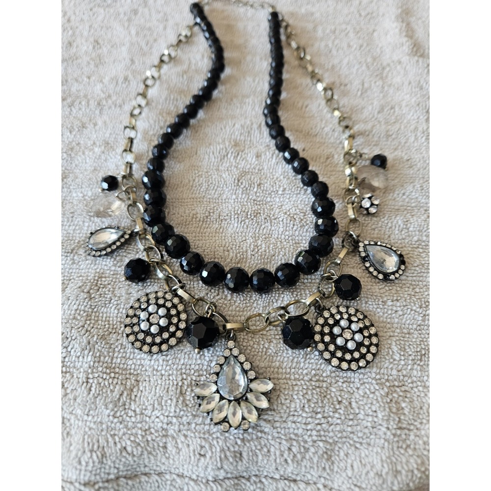 Two Strand 20 Inch Necklace Black Beads Stones And Faux Pearls